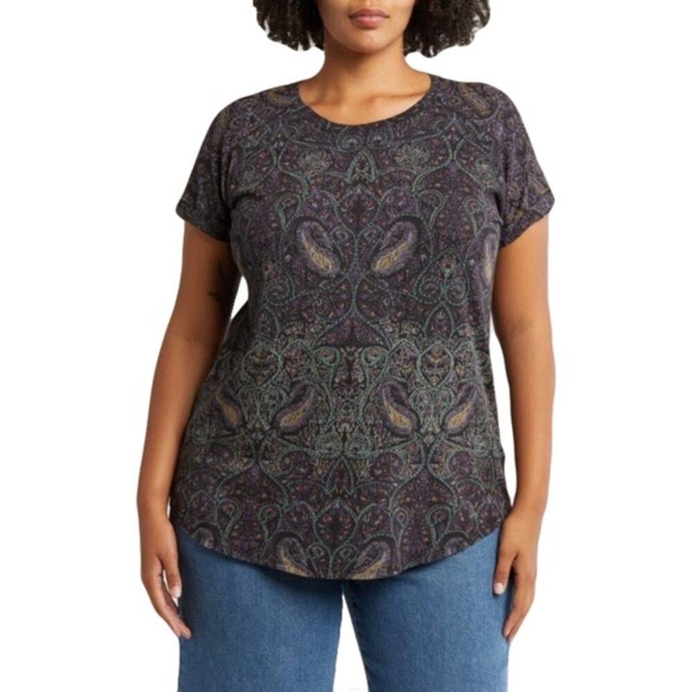 NWOT LUCKY BRAND Top 3X Paisley Slit-Back Purple-Blue Curve-Hem Short-Sl Stretch